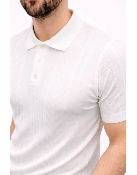 Erkek Yazlık Triko Tişört Kısa Kol Polo Yaka Düğmeli Thirt  Beyaz