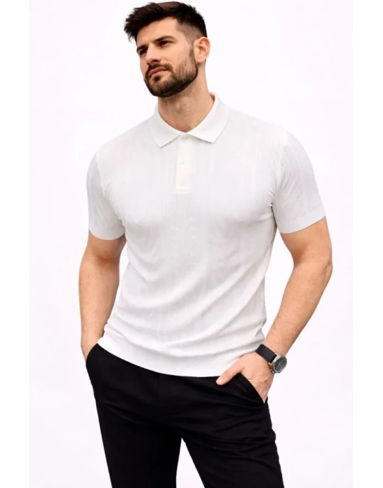 Erkek Yazlık Triko Tişört Kısa Kol Polo Yaka Düğmeli Thirt  Beyaz