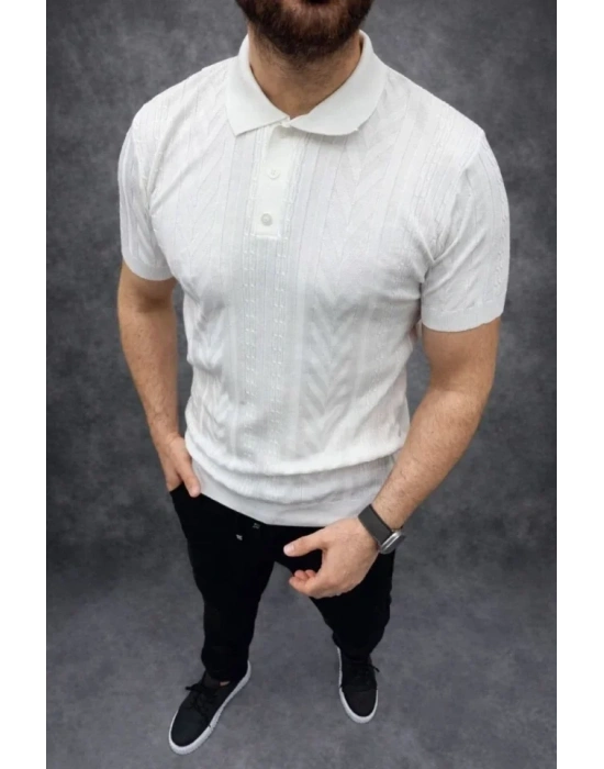 Erkek Yazlık Triko Tişört Kısa Kol Polo Yaka Düğmeli Thirt  Beyaz