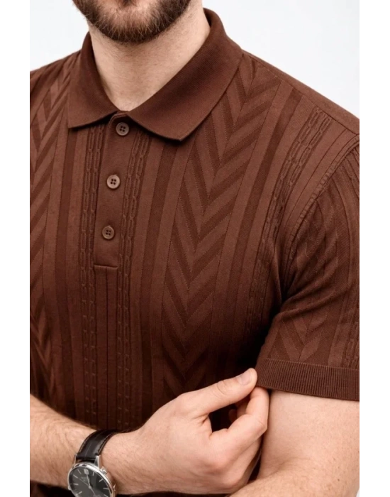 Erkek Yazlık Triko Tişört Kısa Kol Polo Yaka Düğmeli Thirt  Kahverengi
