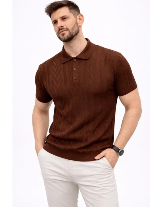 Erkek Yazlık Triko Tişört Kısa Kol Polo Yaka Düğmeli Thirt  Kahverengi