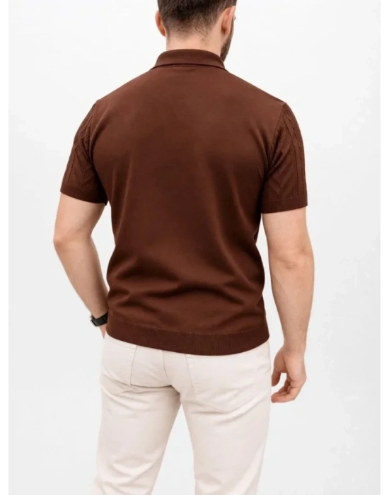 Erkek Yazlık Triko Tişört Kısa Kol Polo Yaka Düğmeli Thirt  Kahverengi