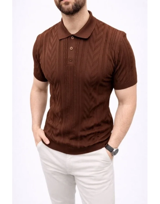 Erkek Yazlık Triko Tişört Kısa Kol Polo Yaka Düğmeli Thirt  Kahverengi
