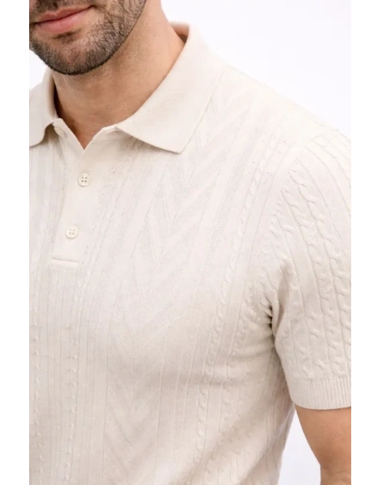 Erkek Yazlık Triko Tişört Kısa Kol Polo Yaka Düğmeli Thirt  Krem