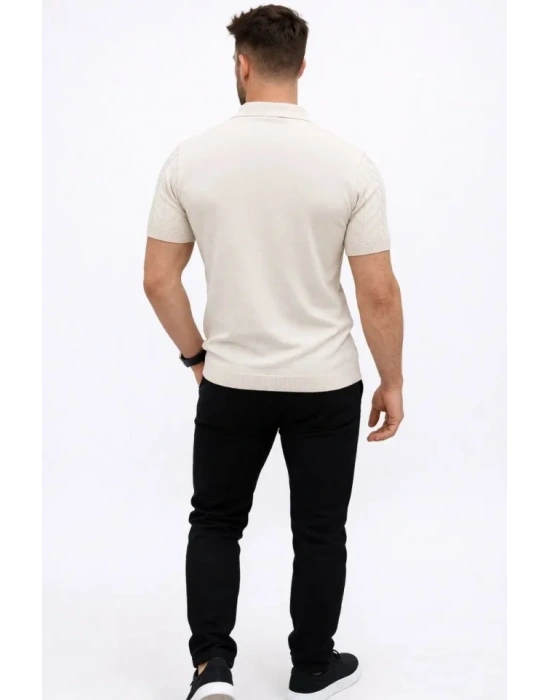Erkek Yazlık Triko Tişört Kısa Kol Polo Yaka Düğmeli Thirt  Krem