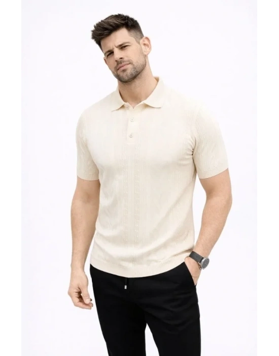 Erkek Yazlık Triko Tişört Kısa Kol Polo Yaka Düğmeli Thirt  Krem