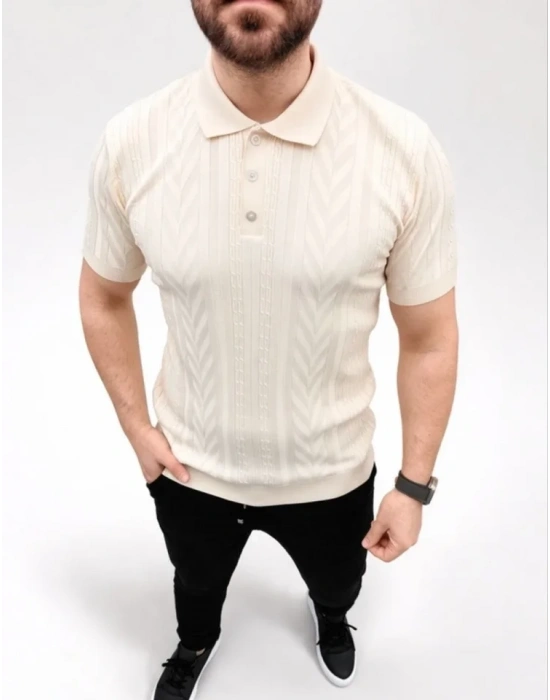Erkek Yazlık Triko Tişört Kısa Kol Polo Yaka Düğmeli Thirt  Krem