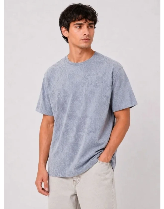 Erkek Yıkamalı Washed Effect Tişört Bisiklet Yaka okak til Kısa Kol Thirt  Gri