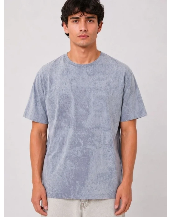 Erkek Yıkamalı Washed Effect Tişört Bisiklet Yaka okak til Kısa Kol Thirt  Gri
