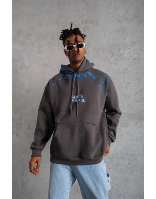 Erkek Yıldırım Baskılı Kapşonlu weatshirt  Gri