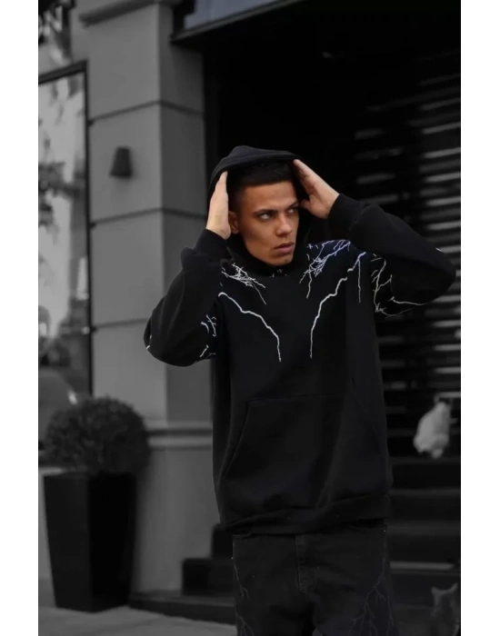 Erkek Yıldırım Baskılı weat Kapşonlu  iyah