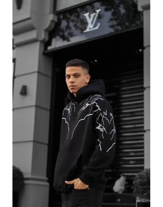 Erkek Yıldırım Baskılı weat Kapşonlu  iyah