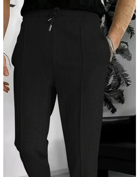 Erkek Yüksek Bel önden Bağcıklı Cepli Waffle Pantolon