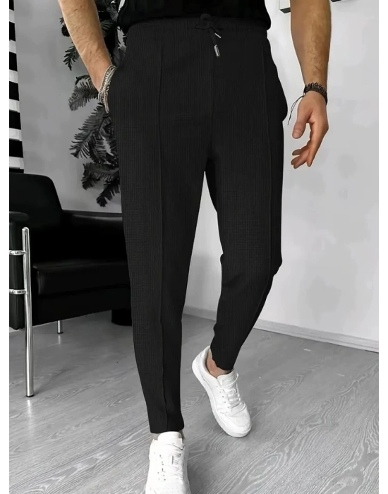 Erkek Yüksek Bel önden Bağcıklı Cepli Waffle Pantolon