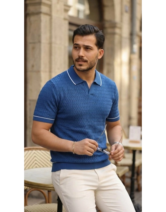 Erkek Zikzak Dokulu Yakalı Kısa Kollu Triko