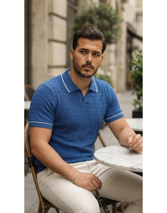 Erkek Zikzak Dokulu Yakalı Kısa Kollu Triko