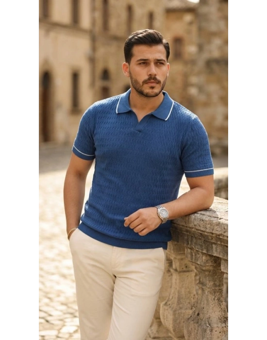 Erkek Zikzak Dokulu Yakalı Kısa Kollu Triko