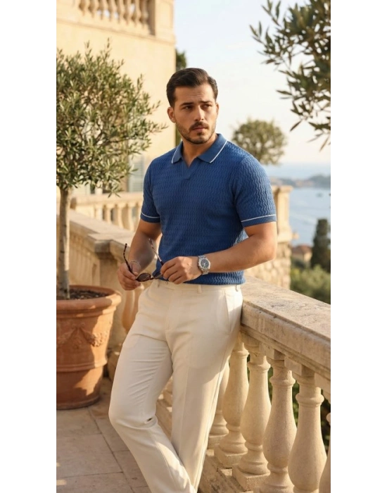 Erkek Zikzak Dokulu Yakalı Kısa Kollu Triko