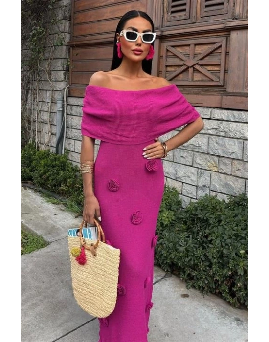 Eteği Gül Detay Madonna Yaka Elbise 2863