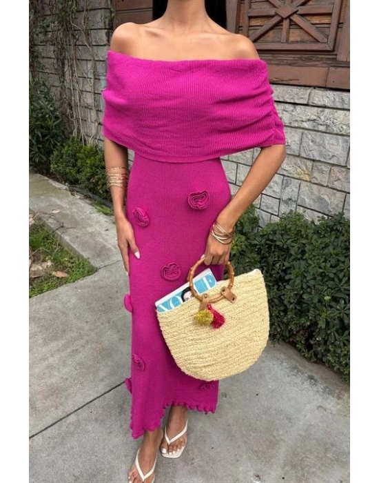 Eteği Gül Detay Madonna Yaka Elbise 2863