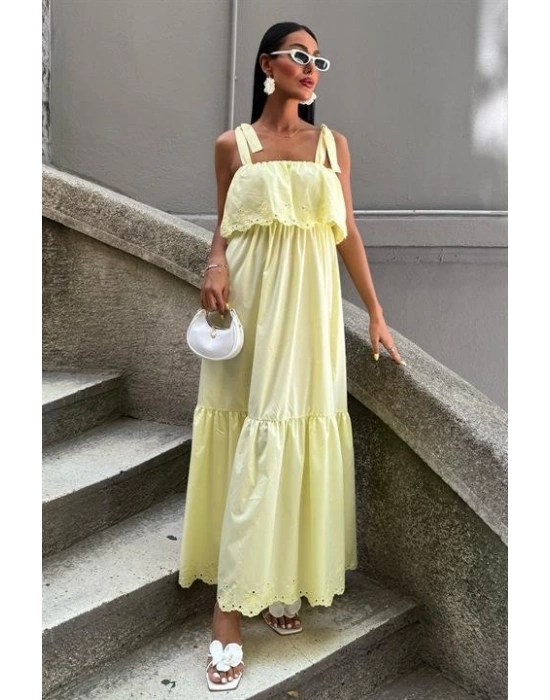 Etek Ucu Brode Nakışlı Boyundan Bağlamalı Elbise 2881