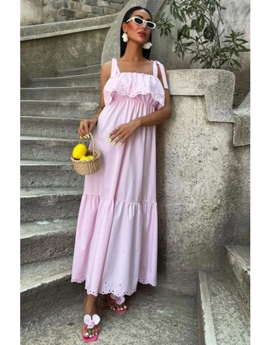 Etek Ucu Brode Nakışlı Boyundan Bağlamalı Elbise 2881