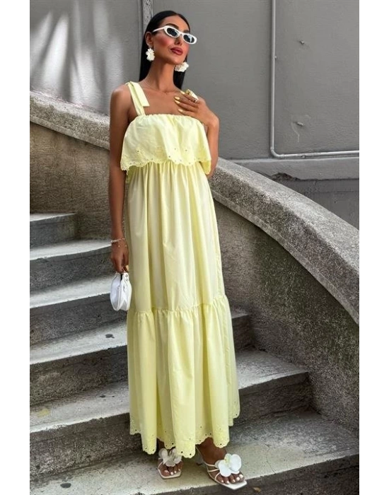 Etek Ucu Brode Nakışlı Boyundan Bağlamalı Elbise 2881