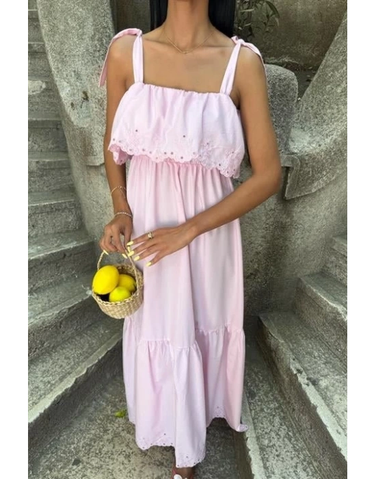 Etek Ucu Brode Nakışlı Boyundan Bağlamalı Elbise 2881