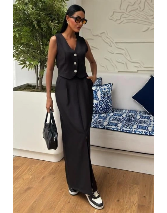 Etek Yırtmaçlı Yelekli Keten Takım 10131