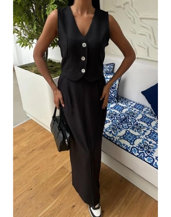 Etek Yırtmaçlı Yelekli Keten Takım 10131