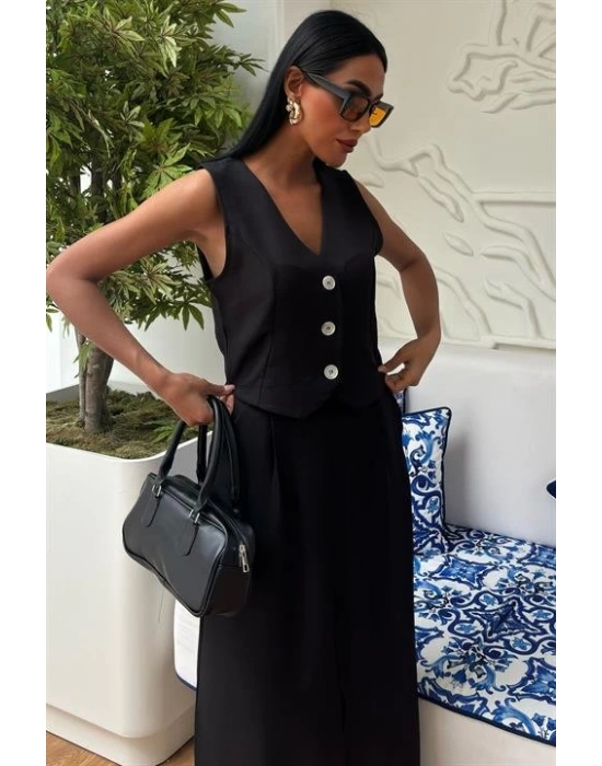 Etek Yırtmaçlı Yelekli Keten Takım 10131