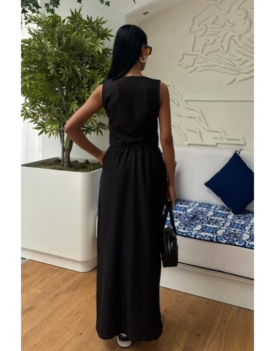 Etek Yırtmaçlı Yelekli Keten Takım 10131