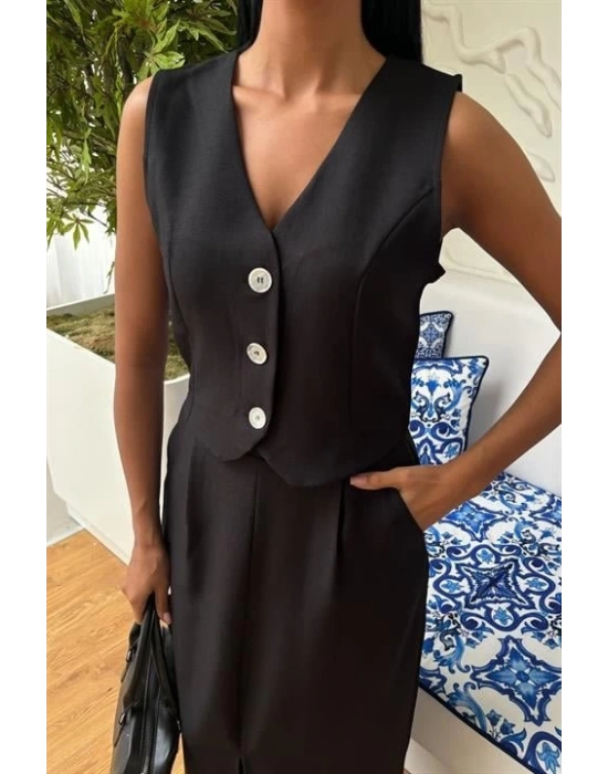 Etek Yırtmaçlı Yelekli Keten Takım 10131