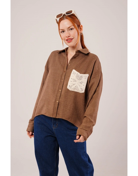 Etnik Cep Detaylı Kahverengi Gömlek