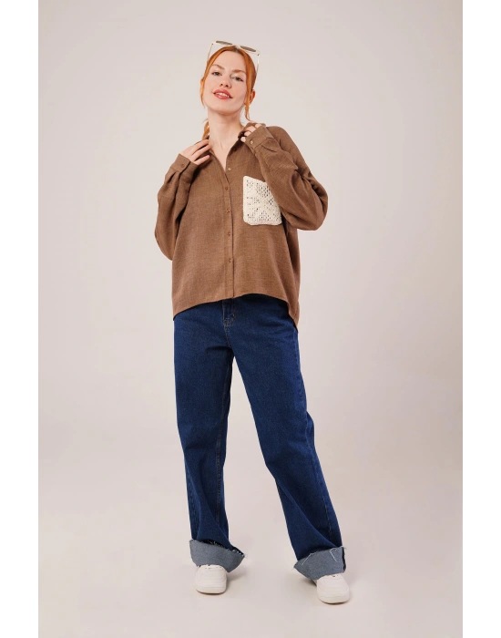 Etnik Cep Detaylı Kahverengi Gömlek