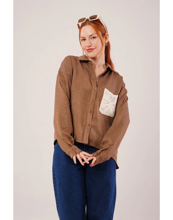 Etnik Cep Detaylı Kahverengi Gömlek