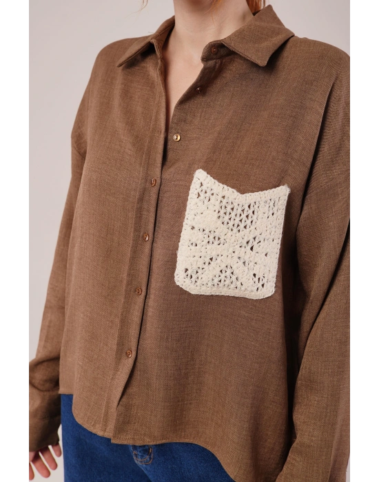 Etnik Cep Detaylı Kahverengi Gömlek