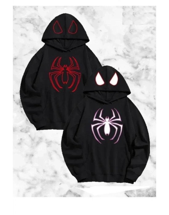 evgili Çift Kombini Örümcek Baskılı Kapüşonlu weatshirt Hoodie  iyah