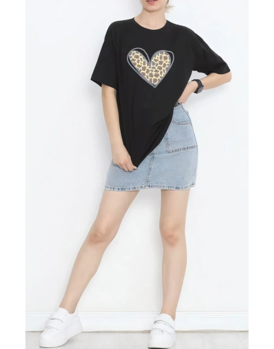 evgililer Günü İçin Özel Tasarım eopar Kalp Baskılı Tshirt  iyah