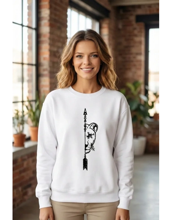 evgililer Günü Özel Bisiklet Yaka Aslan Baskılı Oversize weatshirt  Beyaz