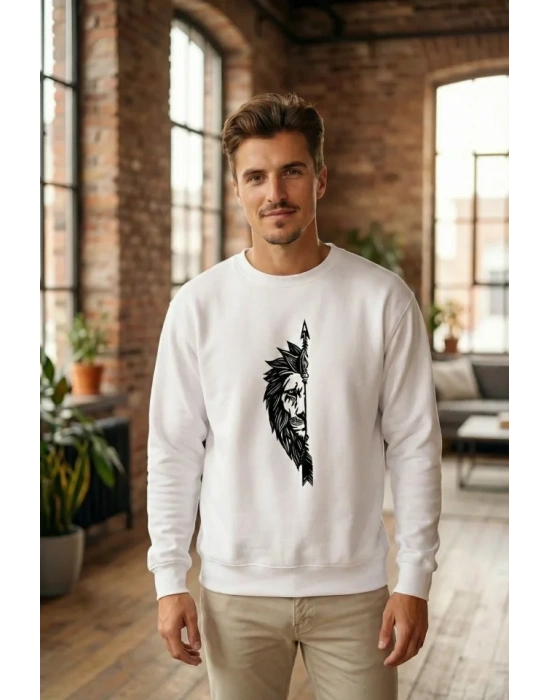 evgililer Günü Özel Bisiklet Yaka Aslan Baskılı Oversize weatshirt  Beyaz