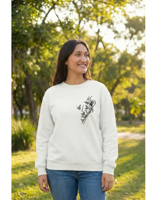 evgililer Günü Özel Bisiklet Yaka Baskılı Oversize weatshirt  Beyaz