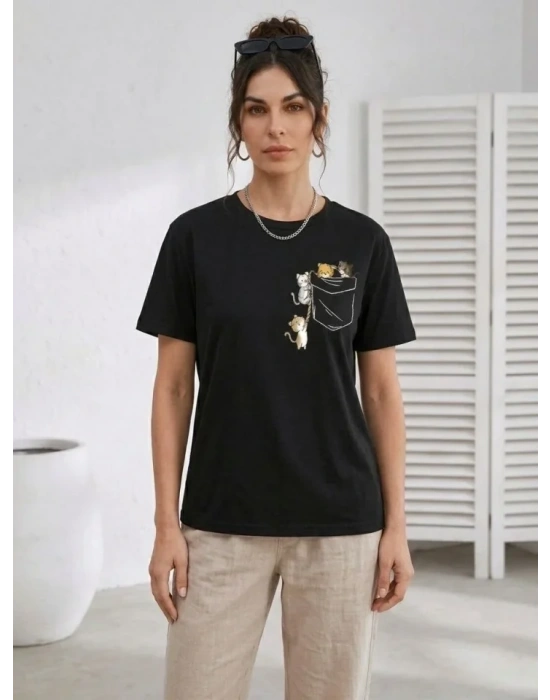 evimli Kedi Cep Baskılı Tişört Kısa Kol Yazlık Thirt  iyah