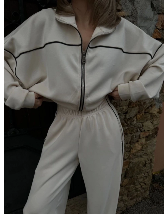 Fermuarlı Eşofman Pantolon İkili Takım  Beyaz
