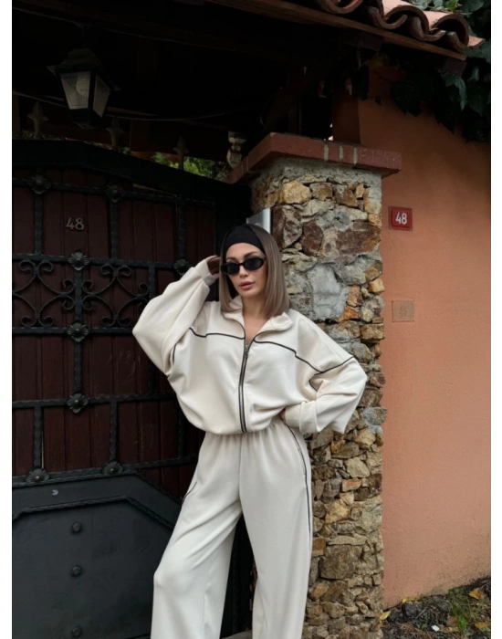 Fermuarlı Eşofman Pantolon İkili Takım  Beyaz