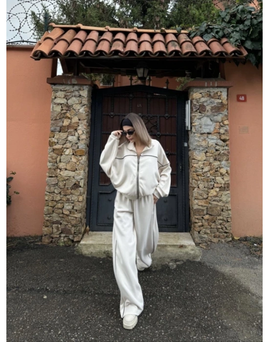 Fermuarlı Eşofman Pantolon İkili Takım  Beyaz