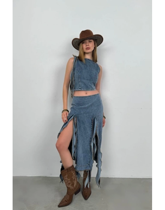 Fırfır Detay Denim Bluz