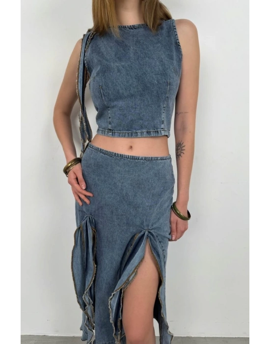 Fırfır Detay Denim Bluz