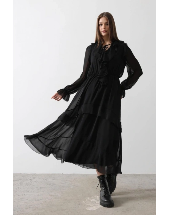 Fırfır Detaylı Şifon Elbise  Siyah