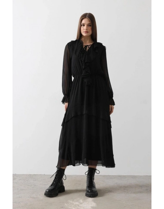 Fırfır Detaylı Şifon Elbise  Siyah